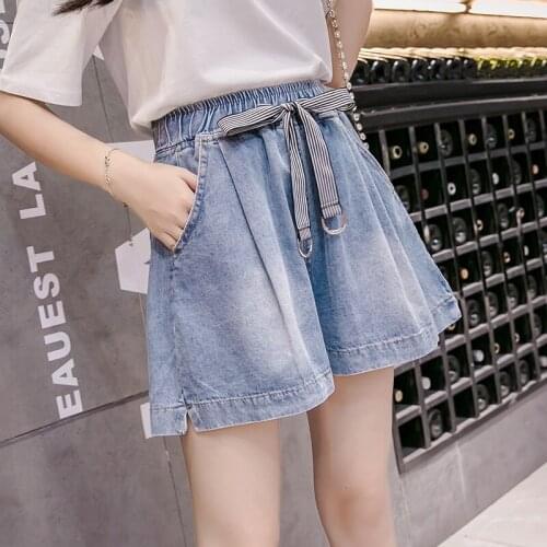 #0714 Summer Wide Leg Denim Shorts Women Drawstring Elastic Waist Jeans Shorts Femme Casual Vintage Jeans Shorts Ladies Loose