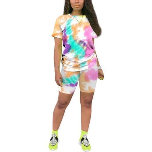 Woman 2 Piece Printed Yoga Sets Tie-Dye Sports Suit Big Tongue Pattern Short Sleeve Top Seamless Shorts Unique Gym Tracksuits