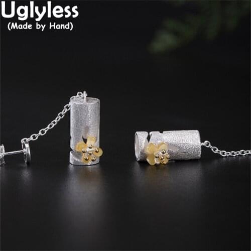 Uglyless Hollow Cylindrical Flowers Earrings for Women Matte Silver Brincos Oriental Charming 925 Sterling Silver Poetry Jewelry