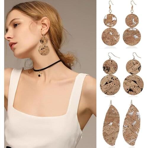 2020 New Women Fashion Round Circle Leaf Shape Dangle Faux Leather Hook Earrings Jewelry Gift