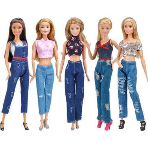 5Set Fashion Outfit For Barbie Doll Short Top & Jeans Pants Trousers Handmade Clothes For Barbie Dollhouse 1/6 Doll Accessories