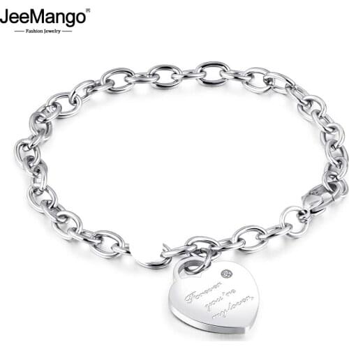 JeeMango Trendy Titanium Stainless Steel Heart Charm Bracelets Rose Gold Color Female Models Love Chain & Link Bracelets JB18195