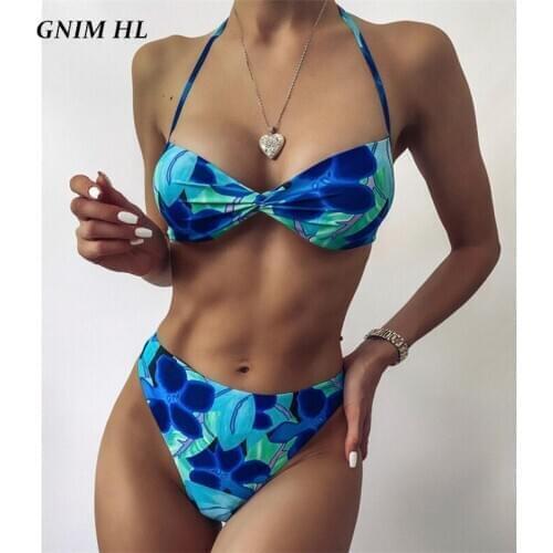 High Waist Swimwear Women Sexy Bandeau Bikini Set 2020 Backless Print Swim Bathing Suit Women 2 Pieces Bandage Swimsuit Push Up