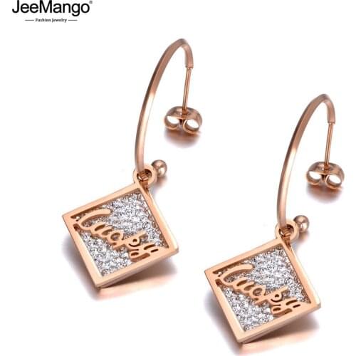 JeeMango Trendy Titanium Stainless Steel Square Lucky Earrings Jewelry Bohemia CZ Crystal Party Earrings For Women Girls JE20027