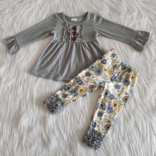 Wholesale Baby Girl Boutique Outfit Long Sleeve Gray Solid Color Shirt Yellow Flower Ruffle Bell-bottomed Pants Set Kids Clothes