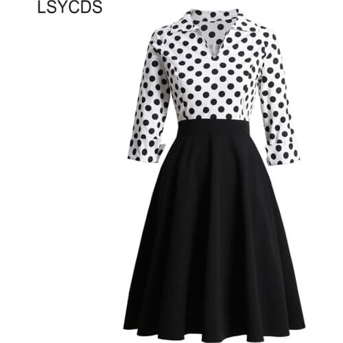 LSYCDS Women Three Quarter Sleeve Winter Office Ladies Clothes White and Black Two Tone Polka Dot Elegant Vintage Midi Dress New