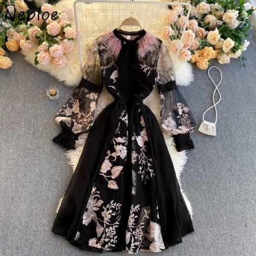Neploe Vintage Heavy Work Flower Embroidery Dress Women High Waist Hip Sashes A Line Vestidos Spring 2021 New Elegant Robe Slim