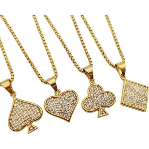 Full rhinestones poker pendant necklace Gold color stainless steel Poker spade heart club necklace fashion men BLKN0803