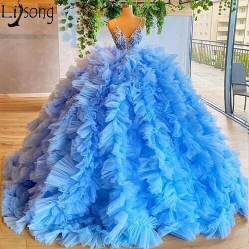 Amazing Extra Puffy Prom Dresses Ball Gown Ruffle Lush Mesh Luxury Quinceanera Dress Sleeveless Blue Special Occasion Wear 2020