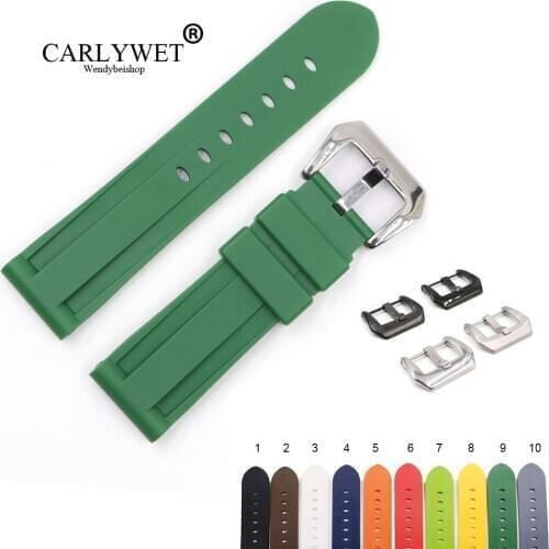 CARLYWET 22 24mm Pure Green White Black Brown Waterproof Silicone Rubber Replacement Watch Band Loops Strap For Panerai Luminor