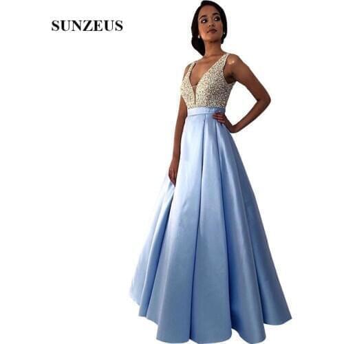 Sequins Beaded Evening Party Gowns Deep V-neck A-line Long Satin Formal Dresses Blue Satin