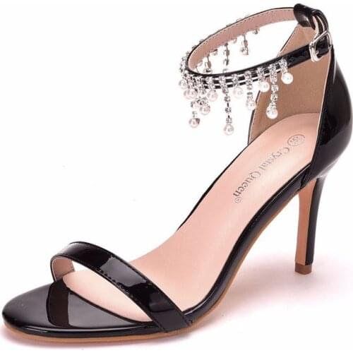 Women sandals wedding Party banquet PU Rhinestones Buckle Strap 9.5CM Thin High Heels Round Toe sandal women shoes size 35-42