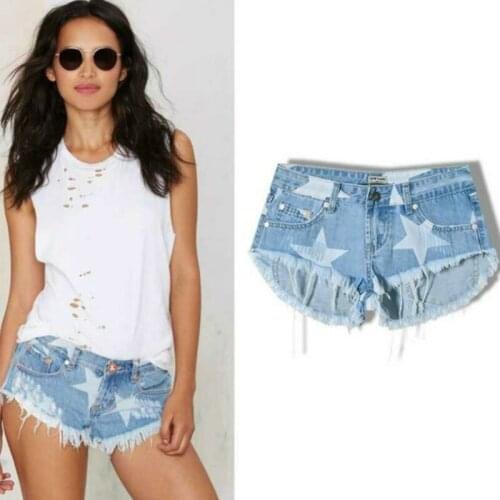 European Style Stars Print Women Shorts Fashion Frayed Tassel Denim Shorts Washed Sexy Low Waist Super Shorts Summer Jean Shorts