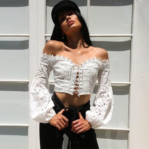 Anself Women Shirts Crop Top Off Shoulder Crochet Lace Bandage Lace Up Hollow Out Solid Holiday Wear tunics female T-Shirts