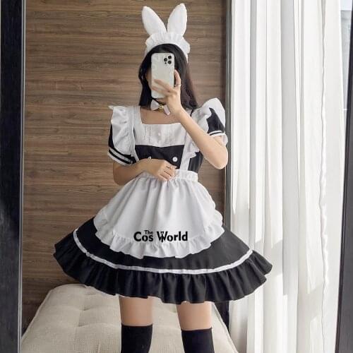 S-5XL Lolita Sweet Ear Black White Apron Maidservant Maid Restaurant Dress Uniform Outfits Anime Cosplay Costume