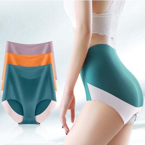 Women Ice Silk Underwear Solid Color High-waist Seamless Briefs Abdomen Breathable Cotton Antibacterial Panties