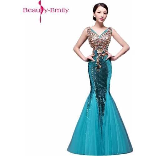 Vestido De Festa Mermaid Long Sequined Evening Dress Vintage V Neck Sleeveless Appliques Pearls Prom Dress Robe De Soiree