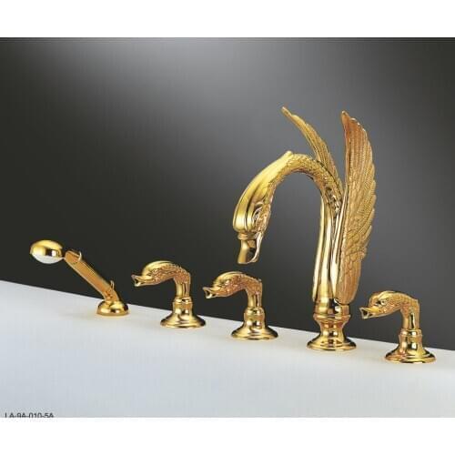 Free shipping PVD GOLD finish 5 PIECE ROMAN swan TUB shower faucet with hand shower deck mounted