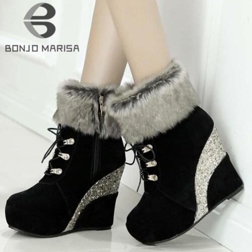 BONJOMARISA New Chic Winter Shoes Boots Women Big Size 43 Wedges High Heels Add Fur Snow Booties