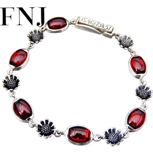 FNJ 925 Silver Flower Bracelet for Women Jewelry 20.9cm Original S925 Sterling silver Bracelets Rose Red Zircon Yellow Agate