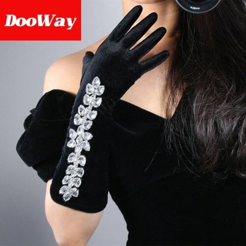 DooWay Black Velvet Gloves with Flower Blossom Crystal Rhinestone Chain Stretch Elbow Evening Party Gloves