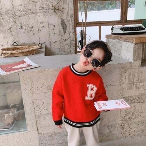 Childrens sweater New Year sweater children spelling B letter boys and girls thickened sweater knitted baby boy winter clothes