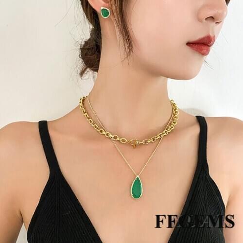 FFGems Brazilian Paraiba Emerald Silver Gold Green Waterdrop Earring Necklace Sets for Women Fine Jewelry wholesale Party Gift