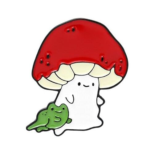 HOSENG Cute Red Mushroom With Green Frog Funny Brooch Student Backpack Lapel Casual Enamel Pin Gift For Friends HS_169
