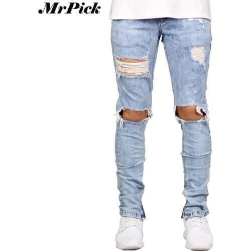 2017 Side Zipper Stretch Men Skinny Jeans Fashion Casual Hip Hop Hole Ripped Distressed Destroyed Jeans T0283