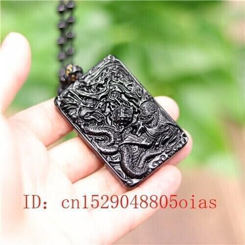 Natural Black Obsidian Dragon Phoenix Pendant Beads Necklace Fashion Charm Jewellery Carved Lucky Amulet Gifts for Women Men