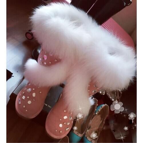 New Winter White Fox Fur Embellished Mid calf Snow Boots Bling Rhinestone toe Flat Heel Women Handmade Warm Plush Inside Boots