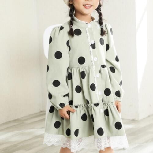 Baby girl autumn vintage polka dot princess dress lace stitching puff sleeve dress for kids