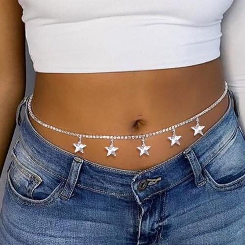 Beach Bikini Sexy Shiny Rhinestone Body Jewelry Fashion Five-pointed Star Pendant Lady Waist Chain Body Chain Accessories Gift