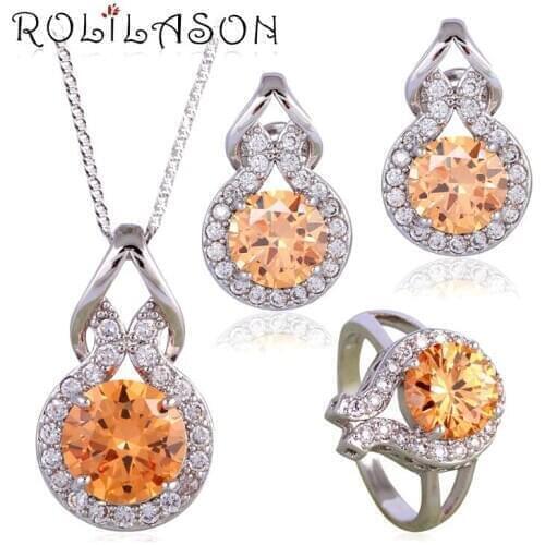 Silver plated stamped Clip Earrings Necklace Pendant rings Anniversary Champagne AAA CZ Fashion Jewelry Set for women JS624