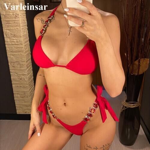 Sexy Jewelled Rhinestones Diamond Bikini Women Swimwear Female Swimsuit Two-piece Bikini set Bather Bathing Suit Swim V2339R