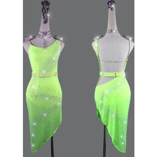 Rhinestones Sexy Latin Dancing Dresses Ladies light green Dance Costume Women Ballroom Competitive Theatrical Garments