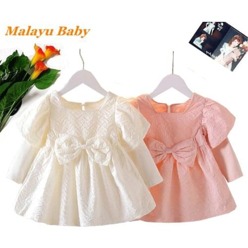Spring And Autumn Sweet Infant Girls Puff Sleeve Dresses Fashion Newborn Bowknot Princess Costumes 0-2 Years Baby Clothing