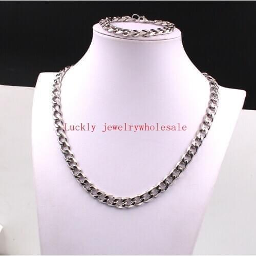 High Polished Mens Stainless Steel Jewlery Set Charming Curb Link Chain Necklace & Bracelet Set Holiday Bling