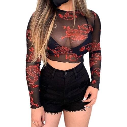 Women T-Shirt Floral Print Round Neck Long Sleeve Mesh Perspective Umbilical Exposure T-Shirt Women’ s Summer Clothes