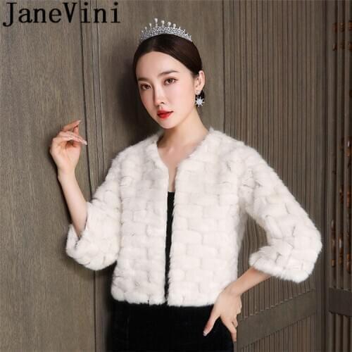 JaneVini Elegant Fur Bridal Jacket with 3/4 Sleeves Women Faux Fur Coat Winter Wedding Dress Wraps Bruids Capes Bolero Ivory