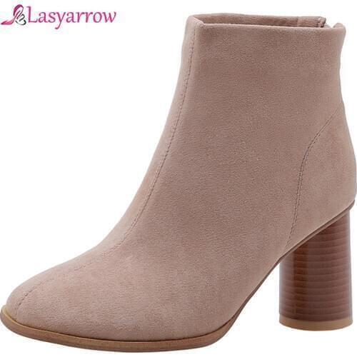 Lasyarrow New Top Quality Shoes Female Ankle Boots Woman Flock Round High Heels Ladies Short Boots Women shoes Big Size 48 J1045