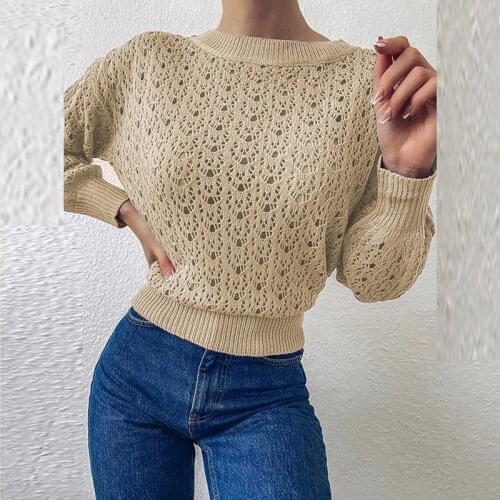 2021 Autumn Winter Lady Knitted Sweater Casual O-Neck Long Sleeved Jumpers Fashion Sexy Hollow Out Slim Solid Pullover Sweaters