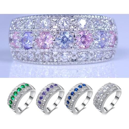 Bohemian Princess Pink Purple Green Blue White Ring Crystal Zircon Stone Ring Silver Color Wedding Engagement Rings For Women