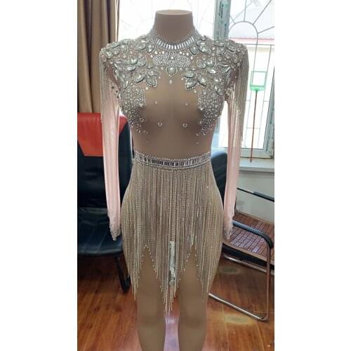 Women Sexy Stage Crystals Mesh Bodysuit Sparkly Rhinestones Chains Fringes Outfit Nightclub Party Wear See Through Costume