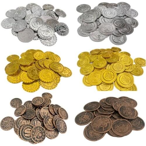 100pcs Pirates Gold Coins Plastic Currency Toy Game Props Chips Playset Party Favor Treasure Hunt Gold Coin Props For Kids 3cm