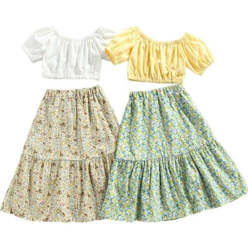 Pudcoco 2-7T 2Pcs Summer Baby Girls Off-the-Shoulder Short Sleeve Blouse Tops+A-Line Floral Print Beach Skirt Boho Clothes Sets