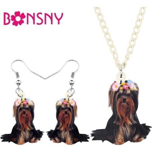Bonsny Acrylic Sweet Flower Yorkshire puppy Dog Necklace Earrings Jewelry Sets Cartoon Decoration For Girl Fashion charm Gift