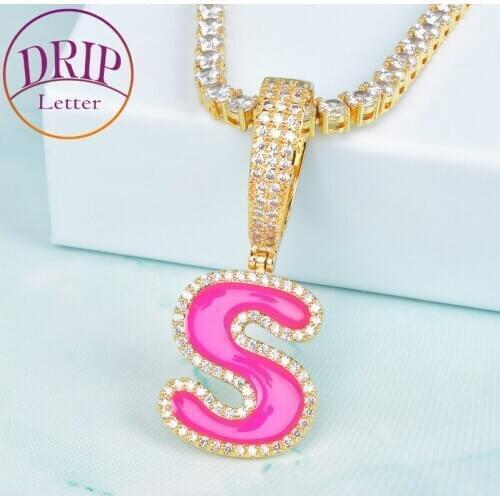 Pink oil Single Letters Solid Back Pendant 4mm Tennis Chain Necklaces For Men Women AAAA Cubic Zircon Hip Hop Jewelry