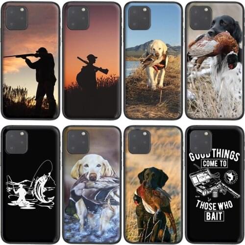 For Apple iPhone 11 12 Pro Mini XS Max XR X 8 7 6 6S Plus 5 5S SE Big Hunting Dog Fishing Man Black Shell Trend Hoesjes