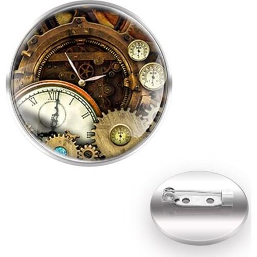 Classic Vintage Steampunk Gear Clock Brooches For Clothes Decoration Collar Pin Glass Dome Women Men Unique Jewelry Gift